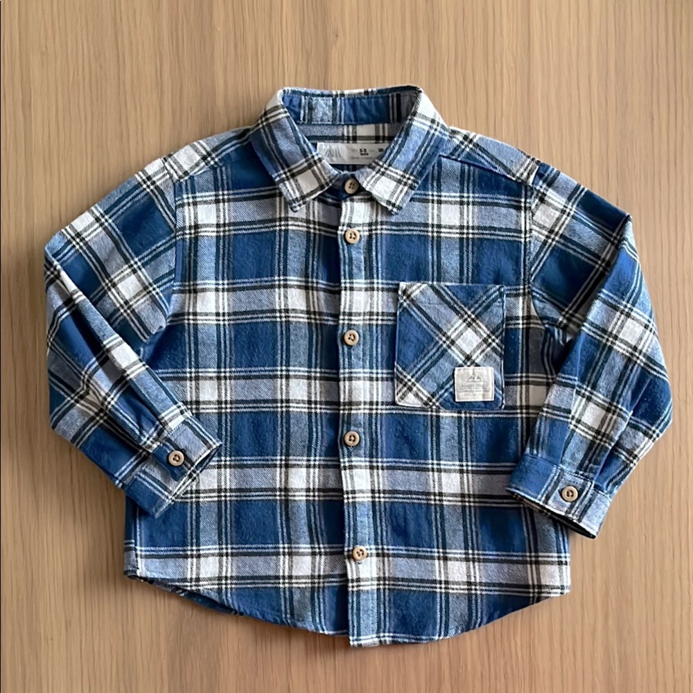 Zara, toddler boy cotton flannel plaid button down shirt, size 2-3 Years